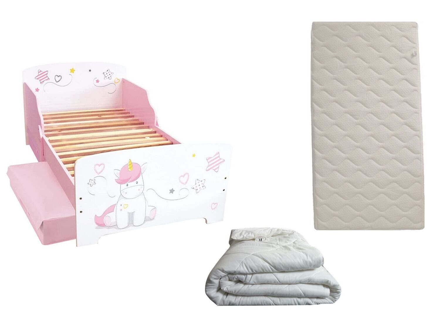 LICORNE - Lit avec 2 tiroirs pour enfant 140x70 cm avec sommier et matelas climatisé (face été - hiver) + couette 100x135 cm
