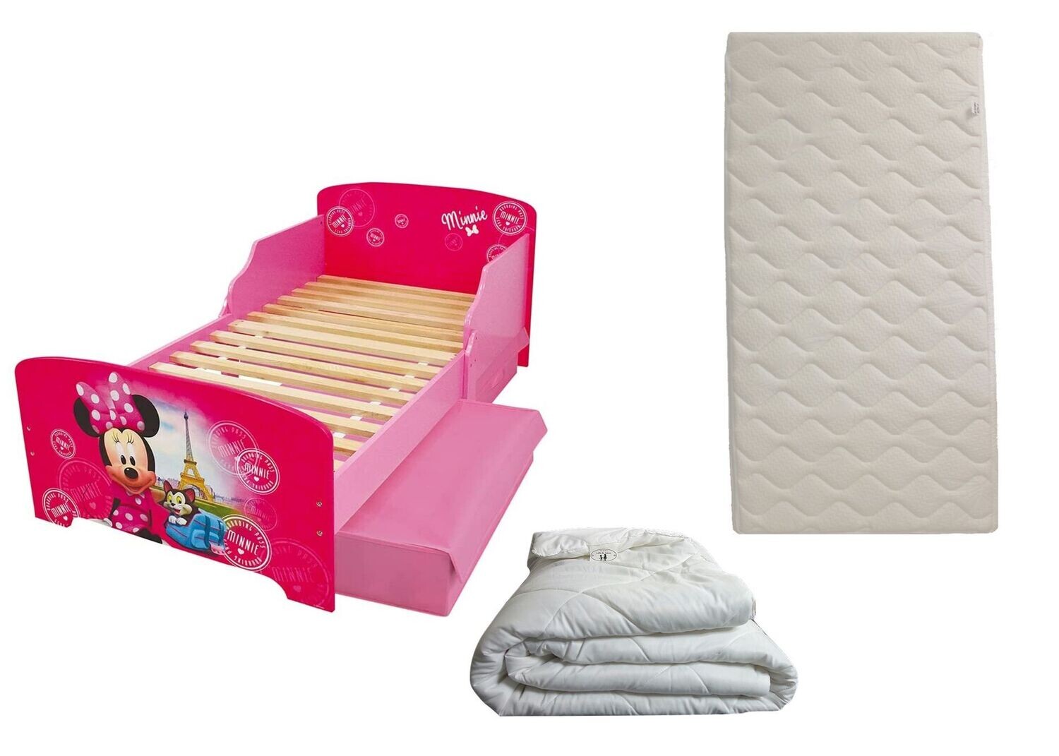 DISNEY MINNIE - Lit avec 2 tiroirs pour enfant 140x70 cm avec sommier et matelas climatisé (face été - hiver) + couette 100x135 cm