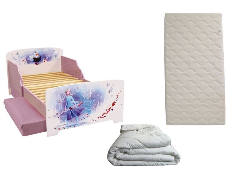 DISNEY REINE DES NEIGES - Lit avec 2 tiroirs pour enfant 140x70 cm avec sommier et matelas climatisé (face été - hiver) + couette 100x135 cm