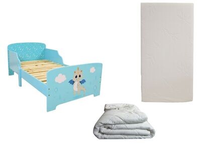 LEON LE DRAGON - Lit pour enfant 140x70 cm avec sommier et matelas climatisé (face été - hiver) + couette 100x135 cm