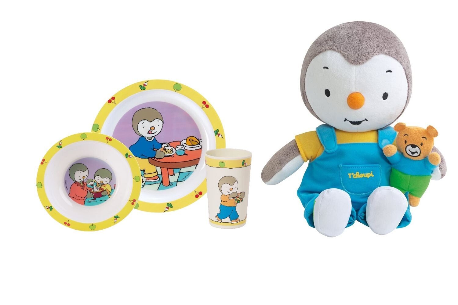 T'CHOUPI - Coffret Ensemble repas (assiette, bol, verre) + Peluche avec ourson 30 cm