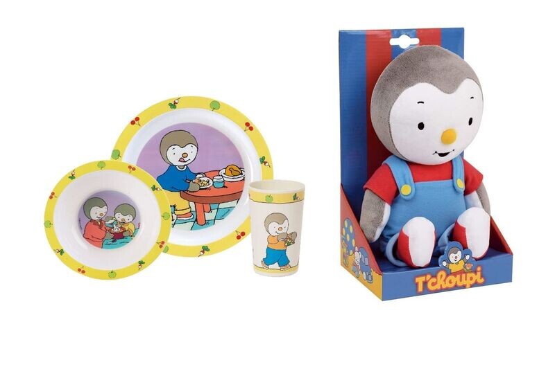 T'CHOUPI - Coffret Ensemble repas (assiette, bol, verre) + Peluche 30 cm