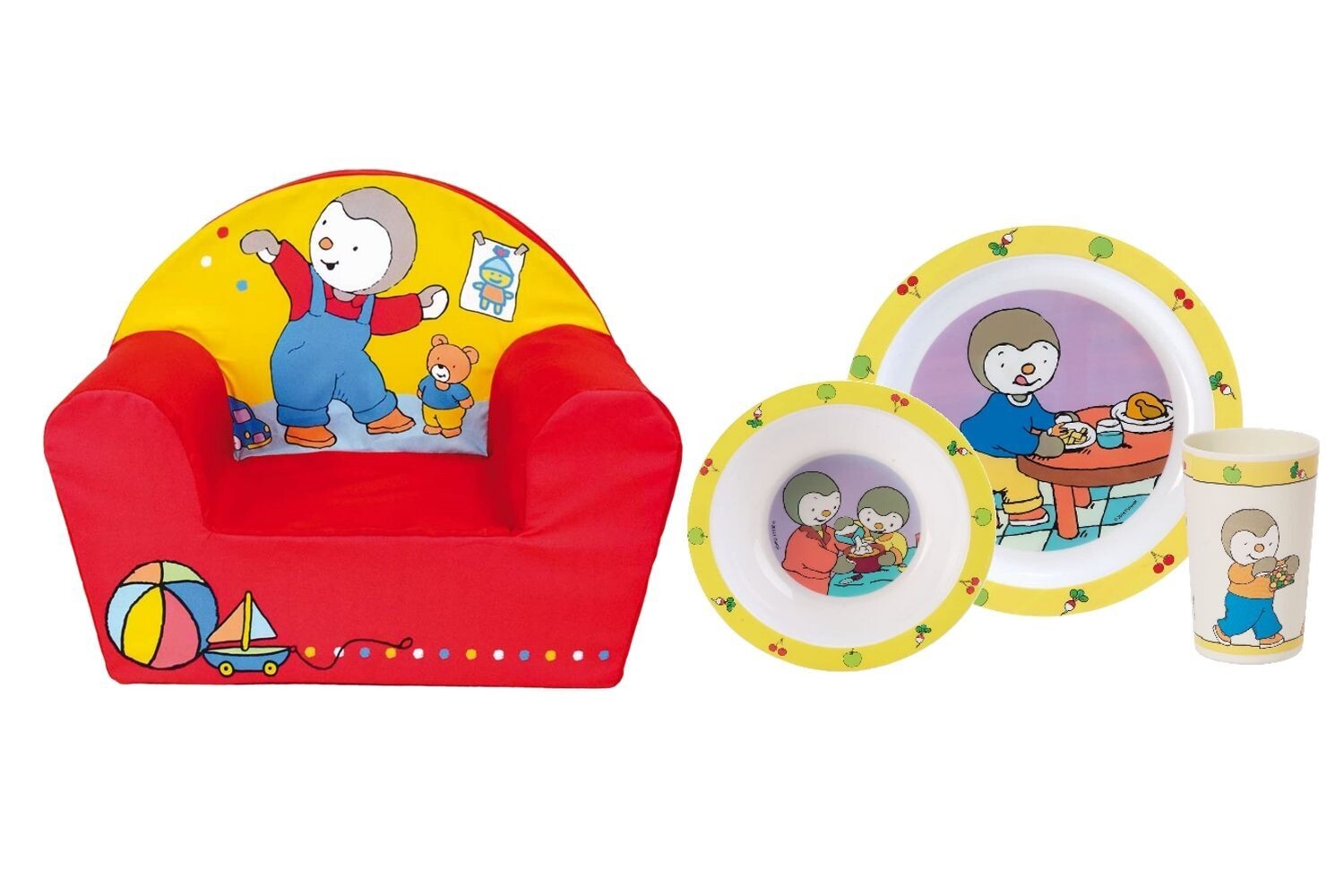 T'CHOUPI - Coffret Fauteuil club + Ensemble repas (assiette, bol, verre)