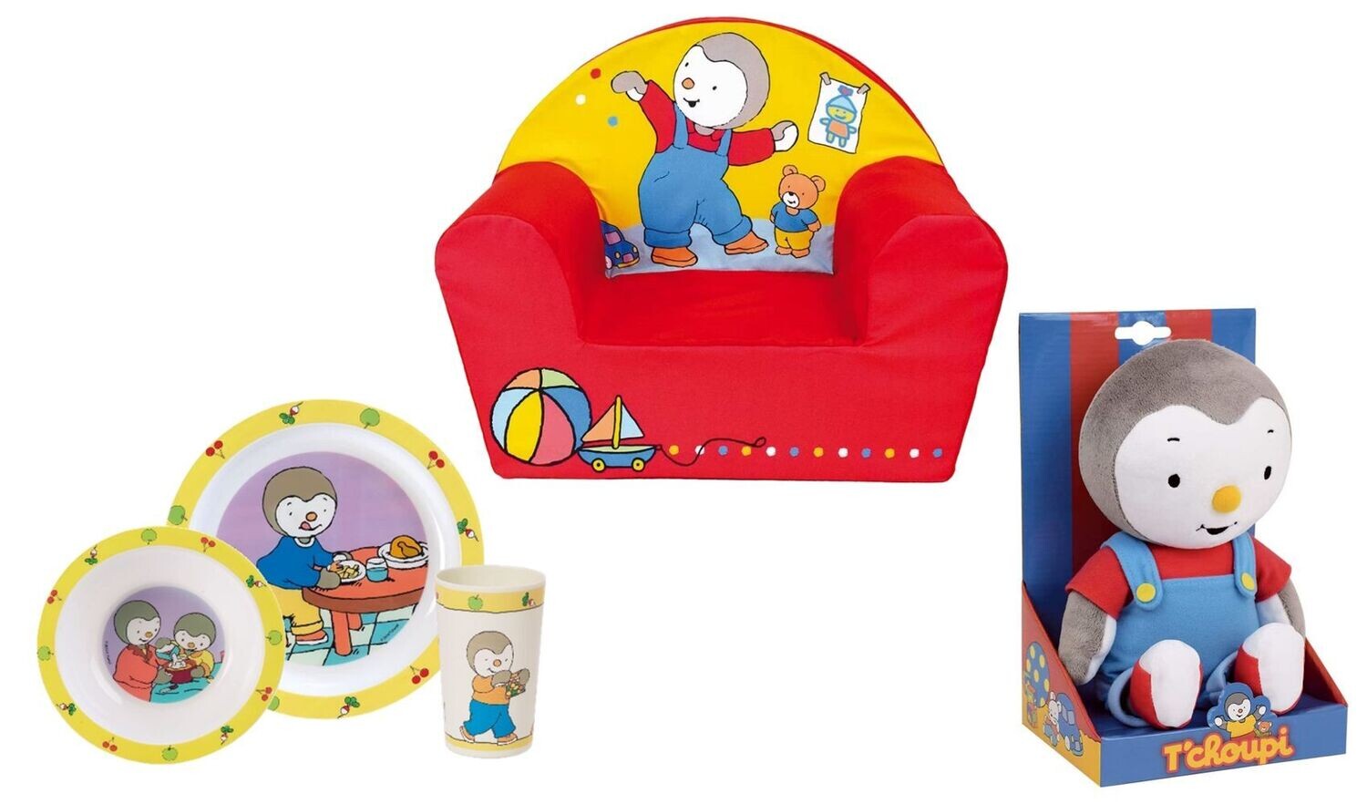 T'CHOUPI - Coffret Fauteuil club + ensemble repas (assiette, bol, verre) + Peluche 30 cm