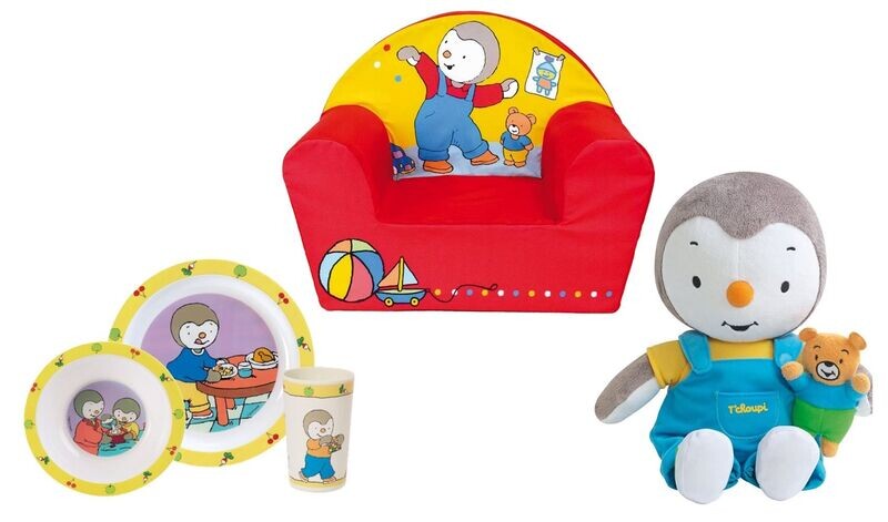 T'CHOUPI - Coffret Fauteuil club + ensemble repas (assiette, bol, verre) + Peluche avec ourson 30 cm