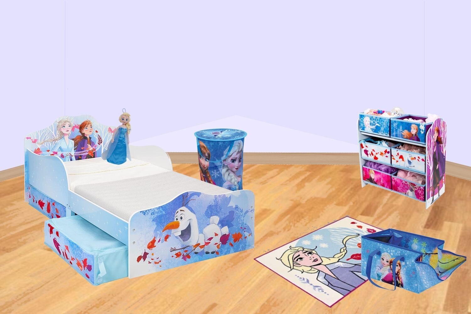 DISNEY REINE DES NEIGES - Pack chambre 6 éléments : Lit 140x70 cm sans matelas, Meuble rangement, Tapis, Peluche, Tapis de jeu, Sac à linge