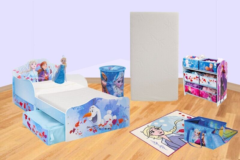 DISNEY REINE DES NEIGES - Pack chambre 6 éléments : Lit 140x70 cm et matelas, Meuble rangement, Tapis, Peluche, Tapis de jeu, Sac à linge