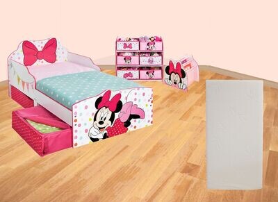 DISNEY MINNIE - Pack chambre 4 éléments : Lit 140x70 cm et matelas, Meuble de rangement, Bibliothèque