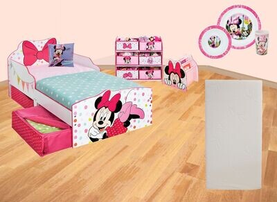 DISNEY MINNIE - Pack chambre 6 éléments : Lit 140x70 cm et matelas, Meuble de rangement, Bibliothèque, Ensemble repas, coussin