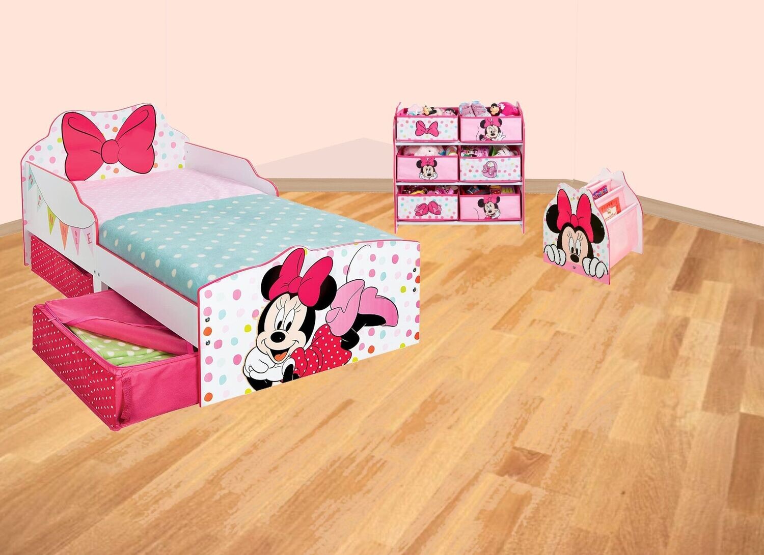 DISNEY MINNIE - Pack chambre 3 éléments : Lit 140x70 cm (matelas non inclus), Meuble de rangement 6 corbeilles, Bibliothèque