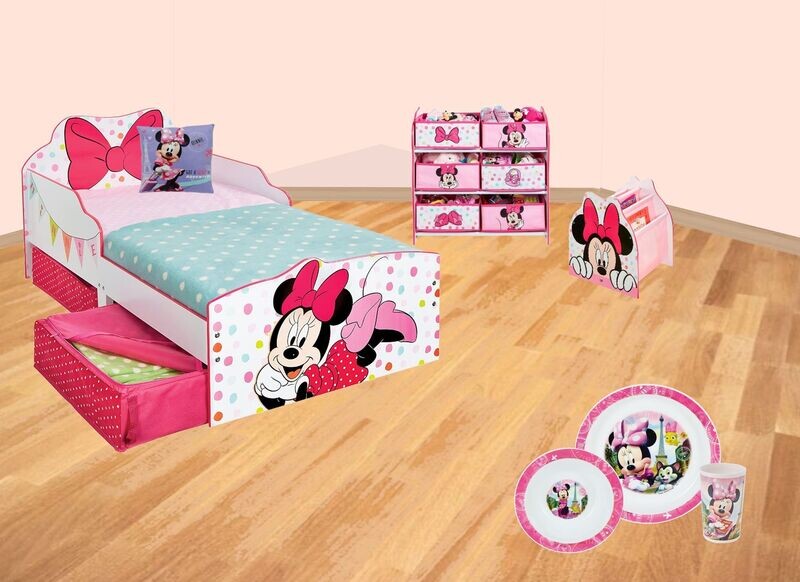 DISNEY MINNIE - Pack chambre 5 éléments (Lit 140x70 cm (sans matelas), Meuble 6 corbeilles, Bibliothèque, Ensemble repas, coussin)