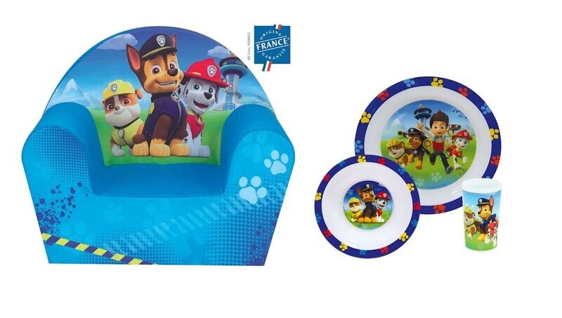 PAT'PATROUILLE - Coffret Fauteuil club + Ensemble repas (assiette, bol, verre)
