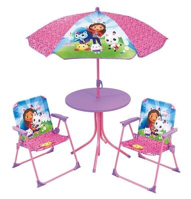 GABBY ET LA MAISON MAGIQUE - Salon de jardin pour enfant avec une table h.46 x ø46 cm, deux chaises h.53 x l.38,5 x p.37,5 cm et un parasol h.125 x ø 100 cm