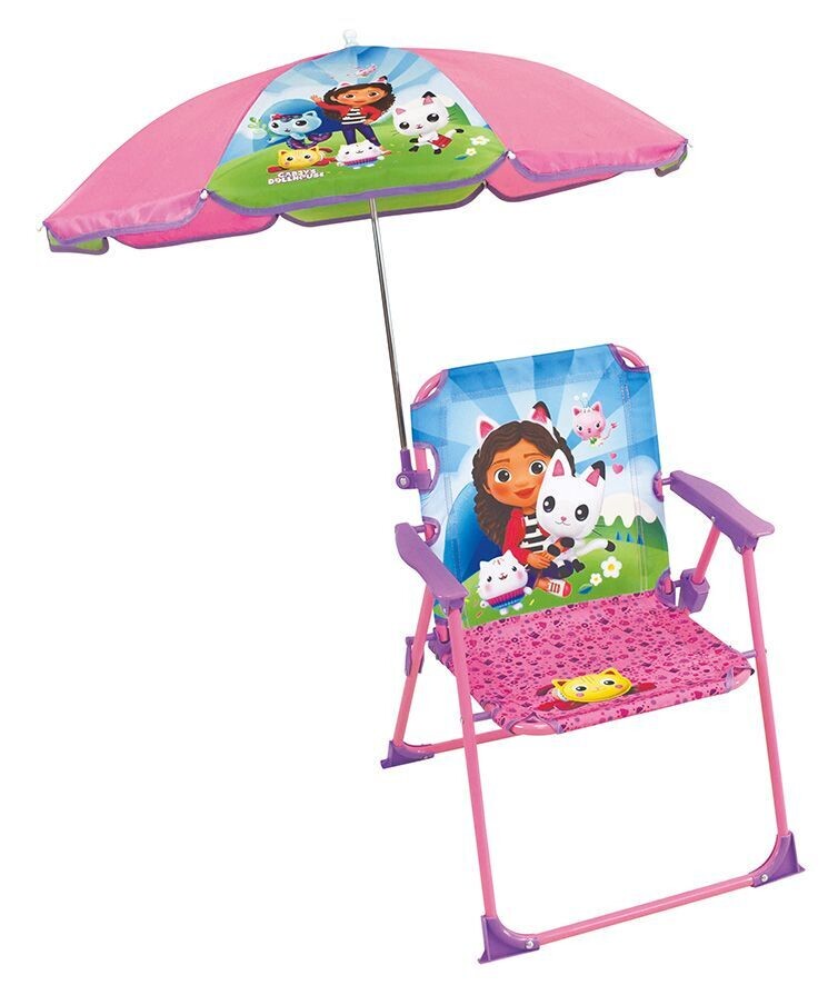 GABBY ET LA MAISON MAGIQUE - Chaise pliante h.53 x l.38,5 x p.37,5 cm avec parasol ø65 cm pour enfant