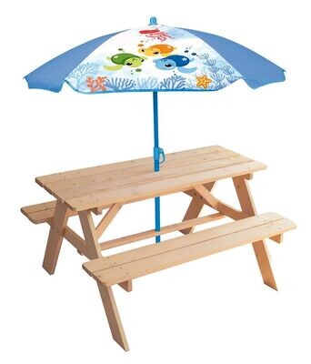 MA PETITE CARAPACE - Table pique-nique en bois h.53 x l.95 x ø 100 cm avec parasol tortue h.125 x ø 100 cm pour enfant