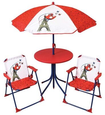 JEUX OLYMPIQUES PARIS 2024 - Salon de jardin pour enfant avec une table h.46 x ø46 cm, deux chaises h.53 x l.38,5 x p.37,5 cm et un parasol h.125 x ø 100 cm