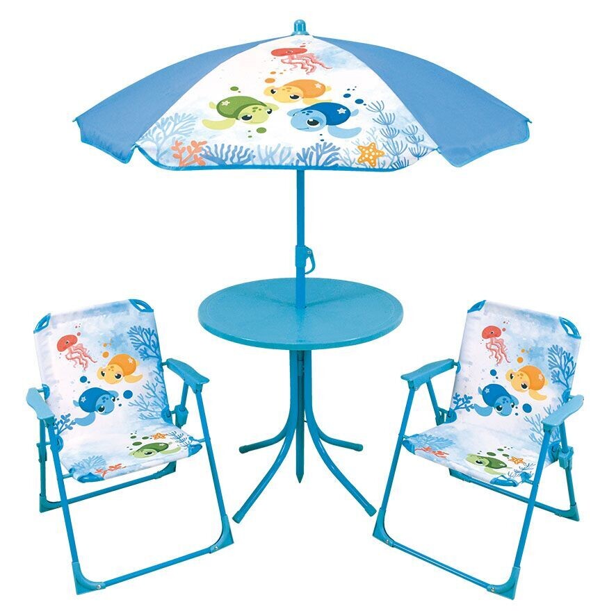 MA PETITE CARAPACE - Salon de jardin pour enfant avec une table h.46 x ø46 cm, deux chaises h.53 x l.38,5 x p.37,5 cm et un parasol h.125 x ø 100 cm
