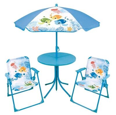 MA PETITE CARAPACE - Salon de jardin pour enfant avec une table h.46 x ø46 cm, deux chaises h.53 x l.38,5 x p.37,5 cm et un parasol h.125 x ø 100 cm
