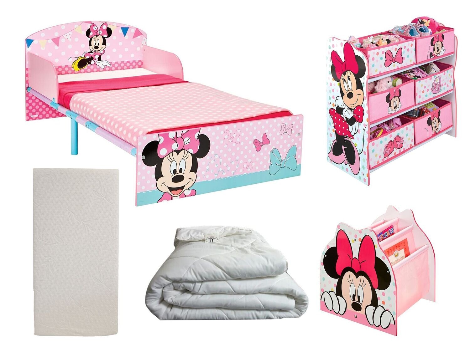 DISNEY MINNIE - Pack chambre : Lit + Meuble de rangement + Bibliothèque + Couette + Matelas