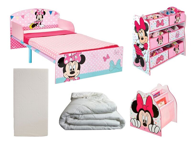 DISNEY MINNIE - Pack chambre : Lit + Meuble de rangement + Bibliothèque + Couette + Matelas