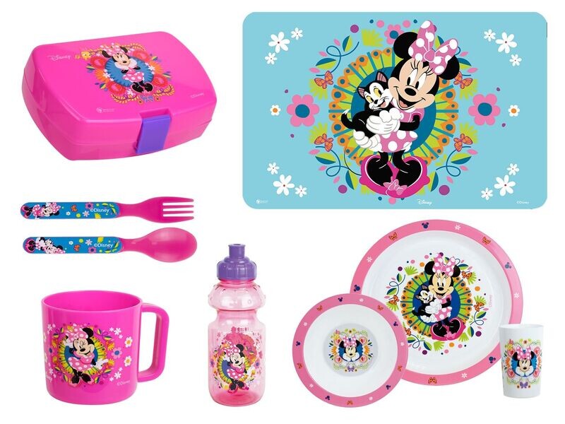 DISNEY MINNIE FLOWERS - Lot assiette, bol, verre, couverts, mug, gourde, boite goûter, set de table