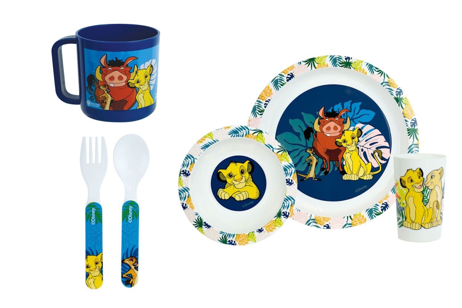 DISNEY LE ROI LION - Lot assiette, bol, verre, couverts, mug