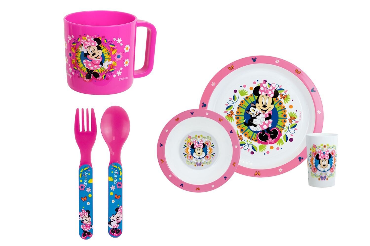 DISNEY MINNIE FLOWERS - Lot assiette, bol, verre, couverts, mug