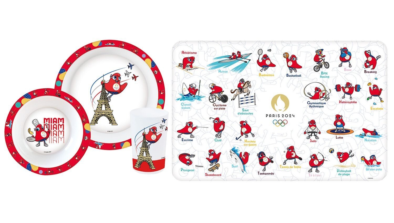 JEUX OLYMPIQUES PARIS 2024 - Lot ensemble repas (assiette, bol, verre) + set de table