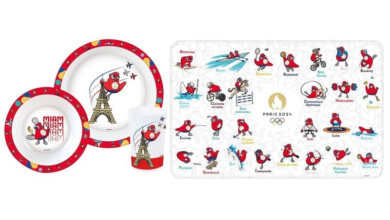 JEUX OLYMPIQUES PARIS 2024 - Lot ensemble repas (assiette, bol, verre) + set de table