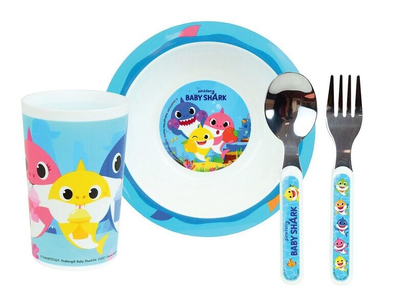 BABY SHARK - Lot vaisselle pour enfant avec un verre, un bol et deux couverts (fourchette et cuillère)