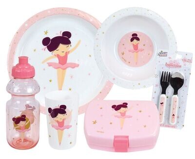 BALLERINE - Lot vaisselle pour enfant avec verre, assiette creuse, assiette plate, couverts, gourde et boite gouter