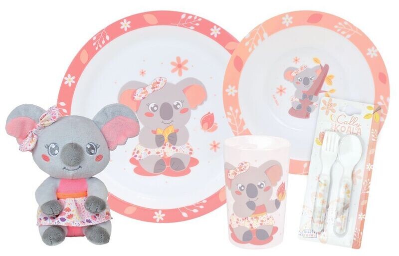 CALLY MIMI KOALA - Lot vaisselle pour enfant avec 1 verre, 1 assiette, 1 assiette creuse, 2 couverts et une peluche +/- 22 cm