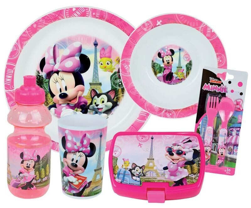 DISNEY MINNIE - Lot vaisselle pour enfant avec 1 verre, 1 assiette creuse, 1 assiette, 1 gourde, 1 boite gouter et 2 couverts