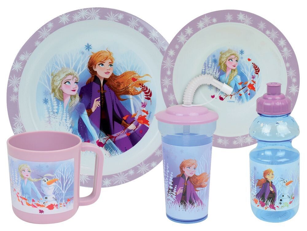 DISNEY REINE DES NIEGES - Lot vaisselle pour enfant avec 1 assiette creuse, 1 assiette, 1 mug, 1 gourde et 1 gobelet paille
