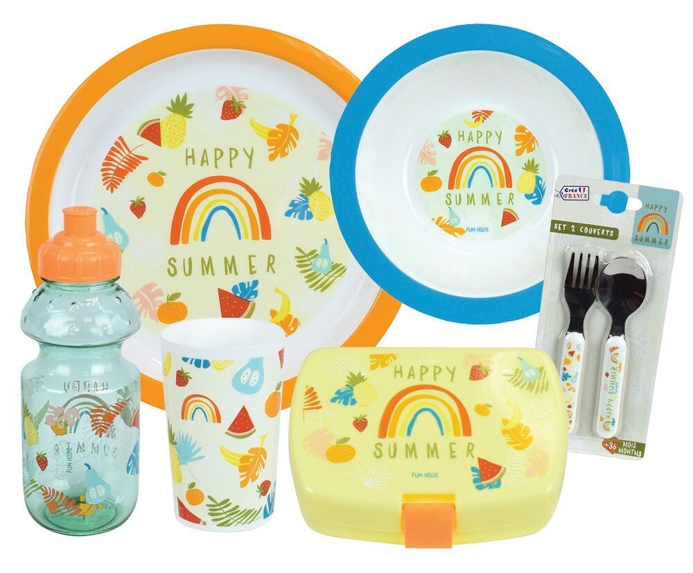 FRUITY'S - Lot vaisselle pour enfant avec 1 verre, 1 assiette creuse, 1 assiette plate, 1 gourde, 1 boite gouter et 2 couverts