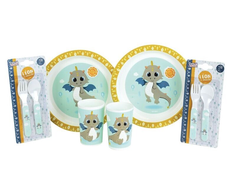 LEON LE DRAGON - Lot vaisselle pour enfant avec 2 verres, 2 sets de couverts et 2 assiettes