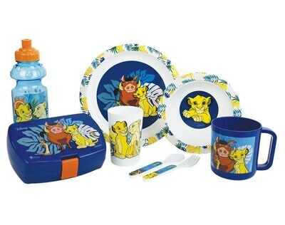DISNEY LE ROI LION - Lot vaisselle pour enfant avec 1 verre, 1 assiette creuse, 1 assiette, 1 mug, 1 gourde, 1 boite gouter et 2 couverts