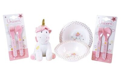 LICORNE - Lot vaisselle pour enfant contenant 2 assiettes creuses, 2 sets de couverts et 1 peluche +/- 17 cm
