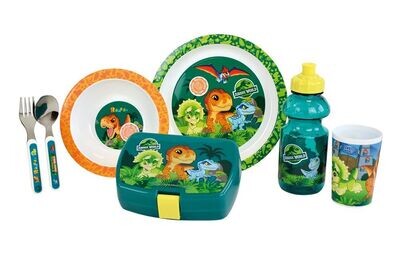 JURASSIC WORLD - Lot vaisselle pour enfant avec verre, assiette creuse, assiette, couverts, gourde et boite gouter