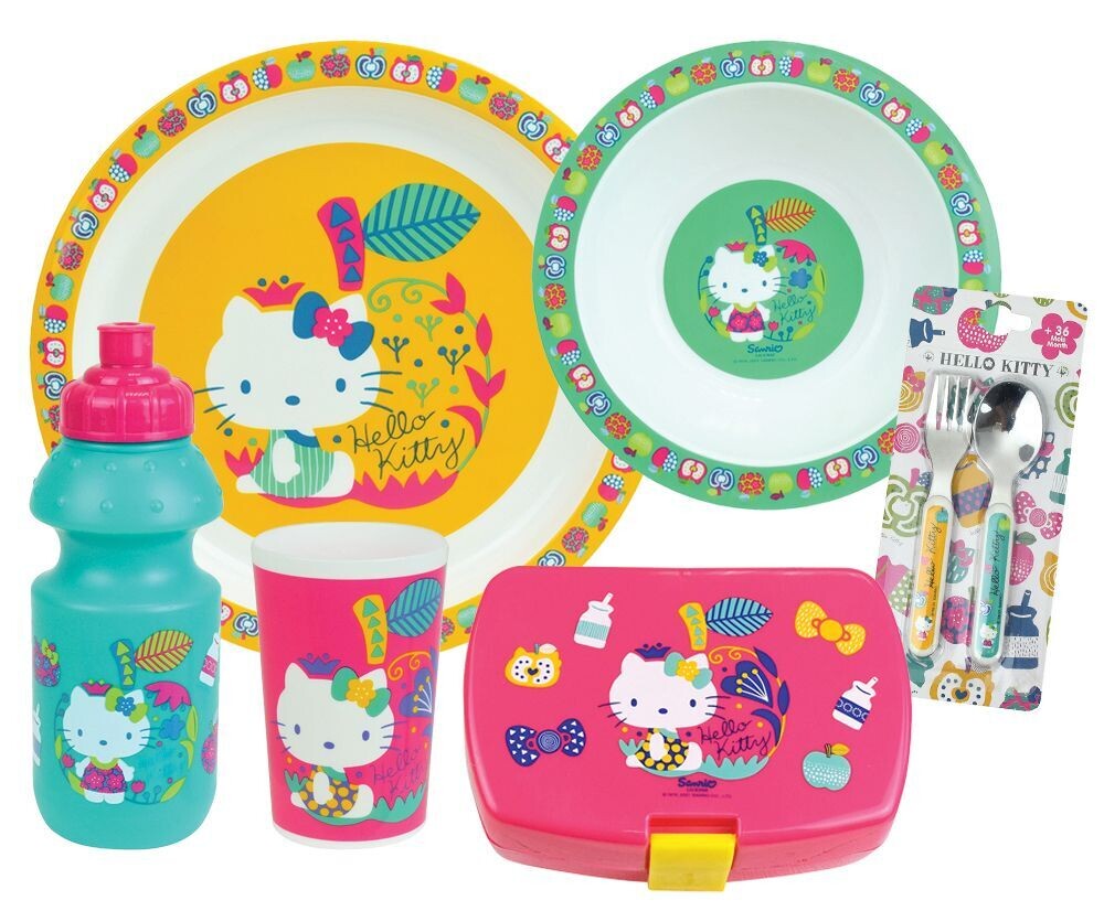 HELLO KITTY - Lot vaisselle pour enfant avec 1 verre, 1 assiette creuse, 1 assiette, 1 gourde, 1 boite gouter et 2 couverts