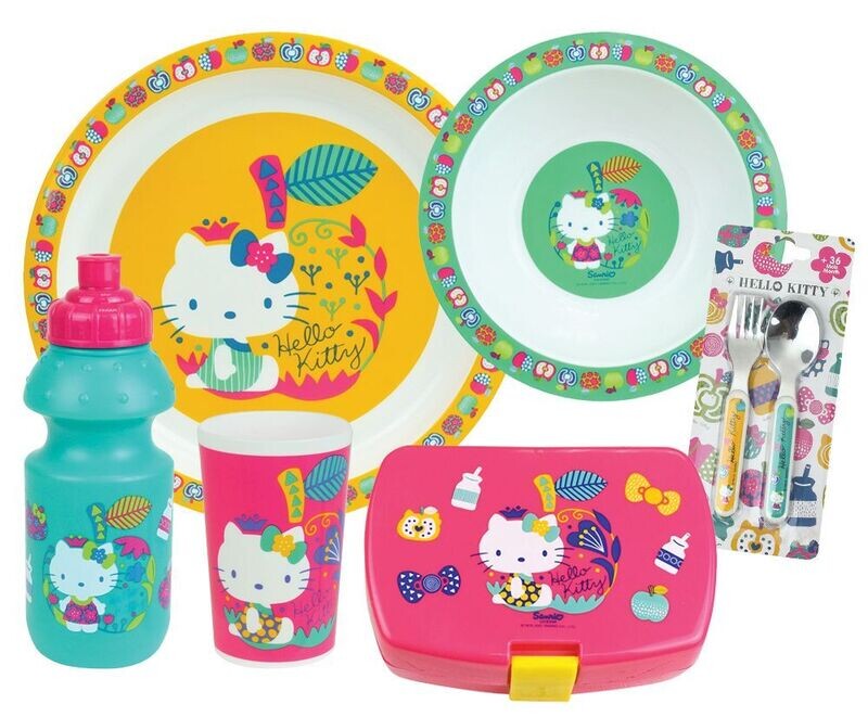 HELLO KITTY - Lot vaisselle pour enfant avec 1 verre, 1 assiette creuse, 1 assiette, 1 gourde, 1 boite gouter et 2 couverts