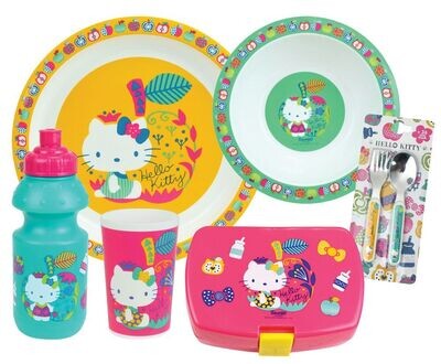 HELLO KITTY - Lot vaisselle pour enfant avec 1 verre, 1 assiette creuse, 1 assiette, 1 gourde, 1 boite gouter et 2 couverts