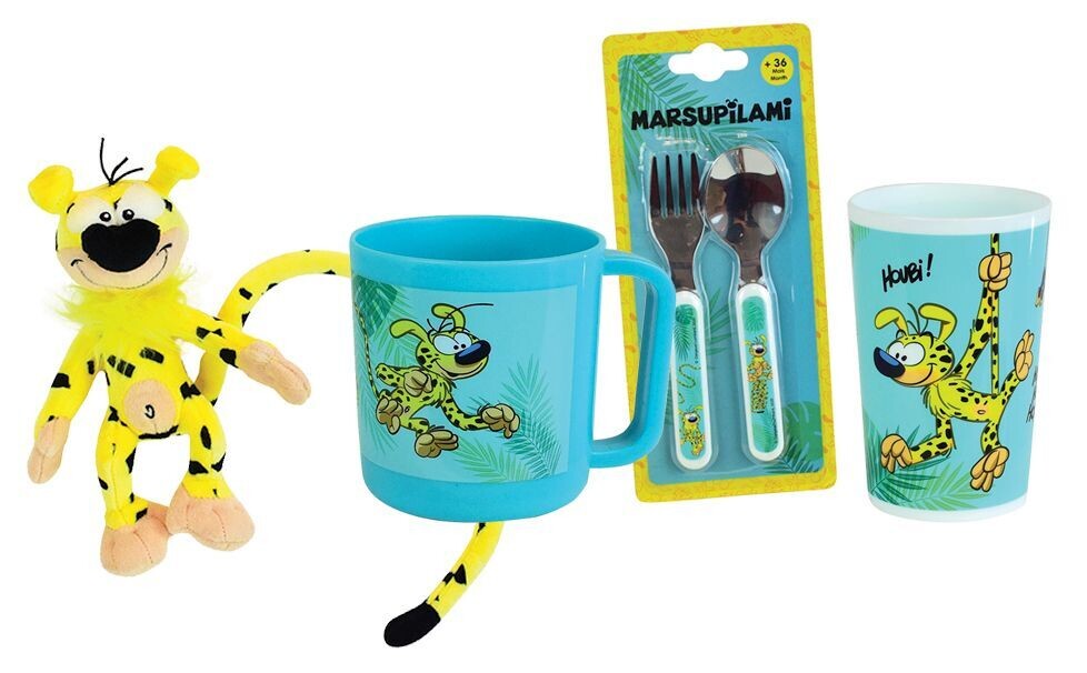 MARSUPILAMI - Lot vaisselle pour enfant avec 1 verre, 1 mug, 2 couverts et 1 peluche +/- 18 cm