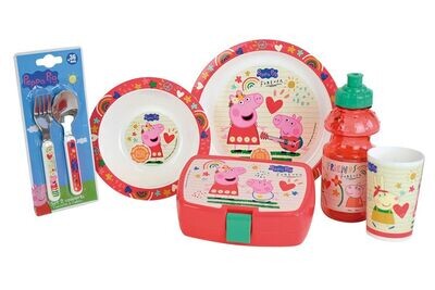 PEPPA PIG - Lot vaisselle pour enfant avec verre, assiette creuse, assiette, couverts, gourde et boite gouter