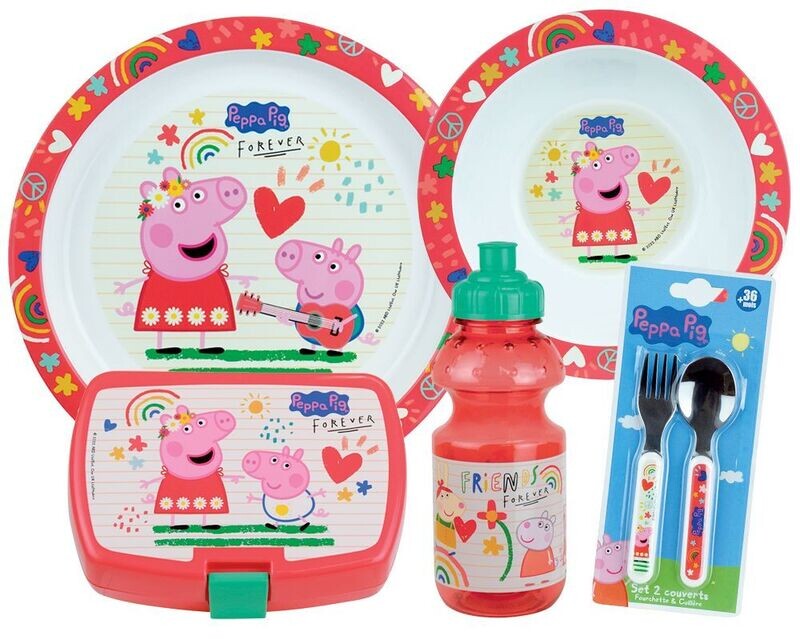 PEPPA PIG - Lot vaisselle pour enfant avec 1 assiette creuse, 1 assiette, 1 gourde, 1 boite gouter et 2 couverts