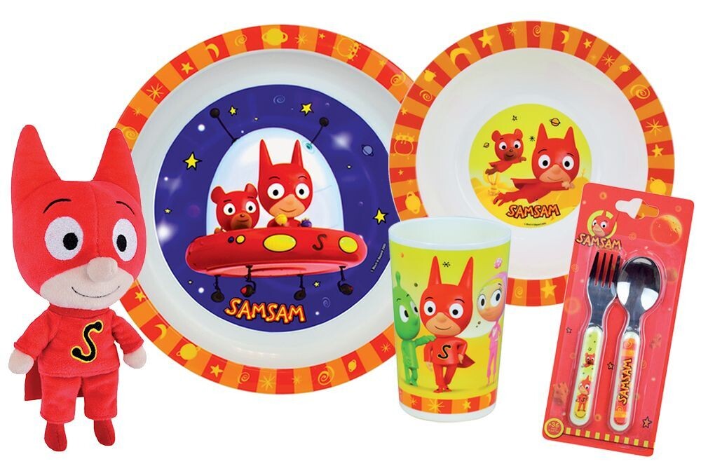 SAMSAM - Lot vaisselle pour enfant avec 1 verre, 1 assiette creuse, 1 assiette, 2 couverts et 1 peluche +/- 23 cm