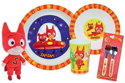 SAMSAM - Lot vaisselle pour enfant avec 1 verre, 1 assiette creuse, 1 assiette, 2 couverts et 1 peluche +/- 23 cm