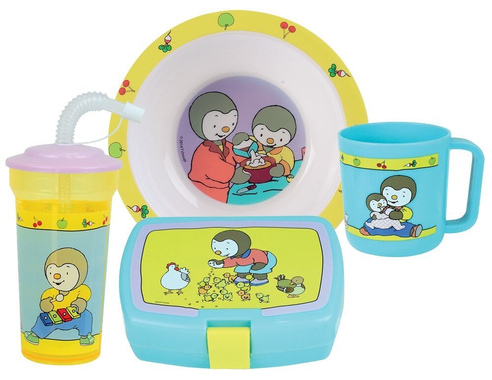 T'CHOUPI - Lot vaisselle pour enfant avec 1 assiette creuse, 1 mug, 1 gobelet paille et 1 boite gouter