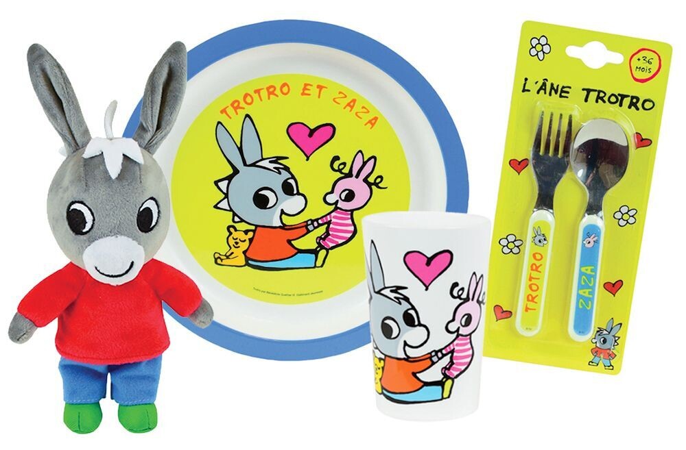 TROTRO - Lot vaisselle pour enfant avec 1 verre, 1 assiette, 2 couverts et 1 peluche +/- 23 cm