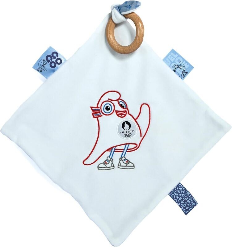 JEUX OLYMPIQUES PARIS 2024 - Doudou plat mascotte avec anneau en bois - 25 cm